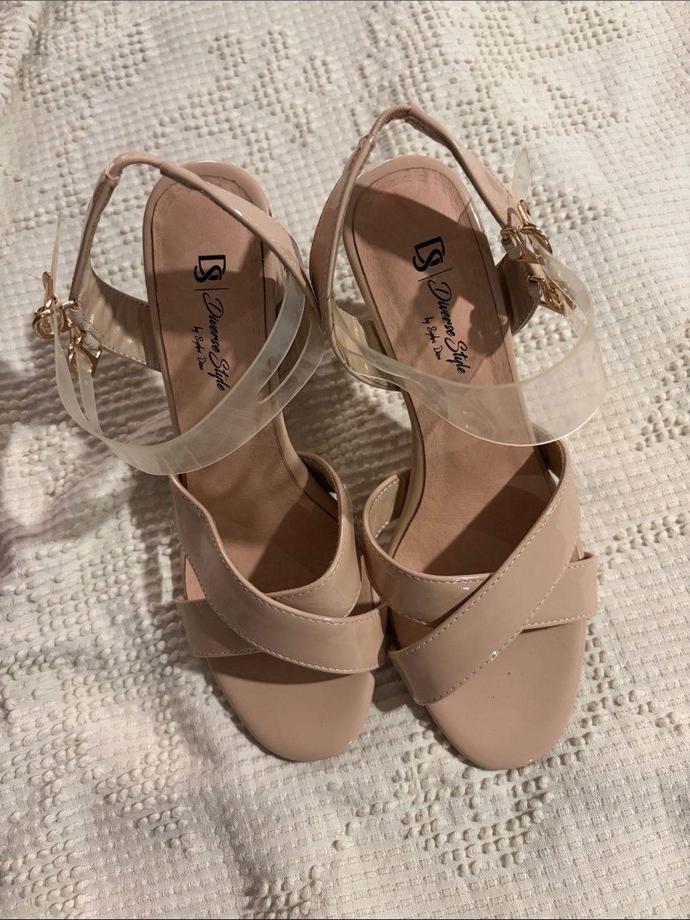 Nude Patent Crisscross Slingback Heels